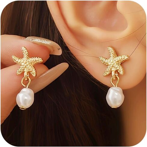Sea Shell Earrings for Women Trendy Gold Shell Starfish Earrings Summer Coastal Cowrie Shells Scallop Seastar Studs Summer Beach Surfer Outfits Jewelry Accessories in Saudi Arabia