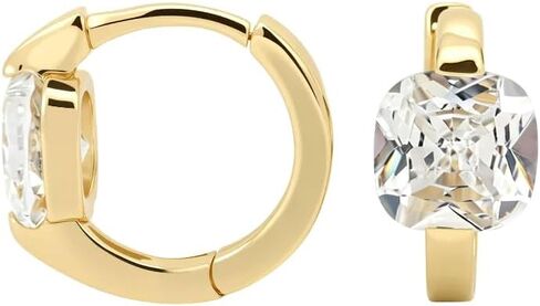 Renaiz Huggie Earrings for Women, 14K Gold Plated Cubic Zirconia Hoops, 6mm Cushion Cut CZ Geometric Earrings, Hypoallergenic Jewelry Gift (Gold) in Kuwait