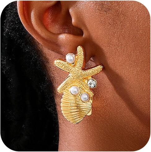 Sea Shell Earrings for Women Trendy Gold Shell Starfish Earrings Summer Coastal Cowrie Shells Scallop Seastar Studs Summer Beach Surfer Outfits Jewelry Accessories in Saudi Arabia