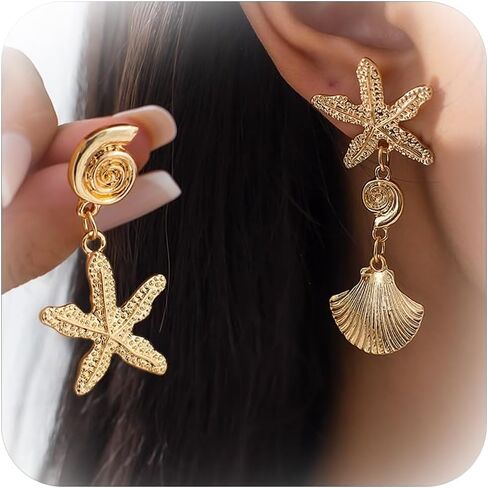 Sea Shell Earrings for Women Trendy Gold Shell Starfish Earrings Summer Coastal Cowrie Shells Scallop Seastar Studs Summer Beach Surfer Outfits Jewelry Accessories in Saudi Arabia