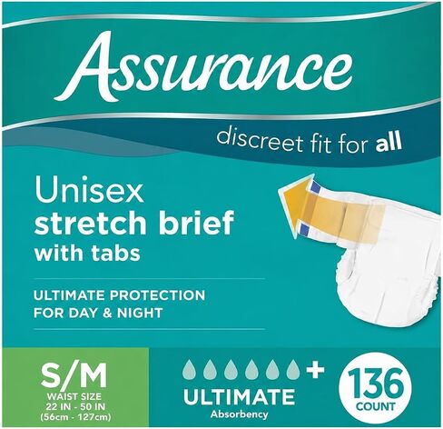 Assurance Unisex 68 Count Disposable Stretch Briefs with Tabs S/M Waist 22 50 Inch Maximum Absorbency Adjustable Fit Soft Fabric Feel Day Night Personal Care in Saudi Arabia