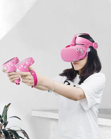 2022 حزام رأس ترقية جديد لإكسسوارات Oculus Quest 2 ، حزام Modjuego قابل للتعديل مع غطاء قبضة التحكم في السيليكون ، وغطاء الوجه VR واستبدال واقي شل VR (الوردي) in Kuwait