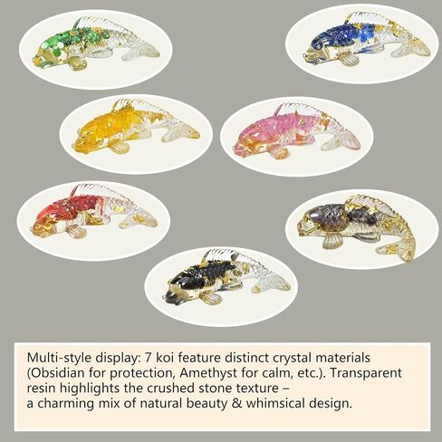 7PCS Resin Koi Fish Sculpture Set with Crystals & Stones (Obsidian, Amethyst, Citrine) - Home Decor, Healing Crystals, Spiritual Gifts in Saudi Arabia