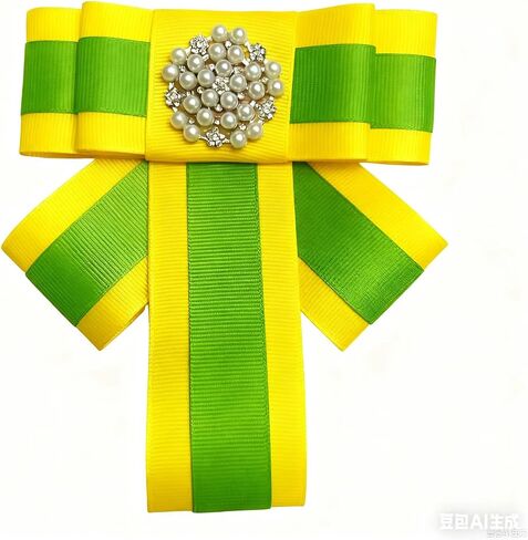 ربطة عنق شريطية دبوس بروش لؤلؤي، شريط Grosgrain باللونين الأخضر والأصفر مع لمسة كريستالية، إكسسوار أزياء مزخرف، دبوس بروش أدوات نادي نسائي للنساء اليونانية، مستوحى من Chi Eta Phi، والمؤتمرات، وحفلات الغداء in Kuwait