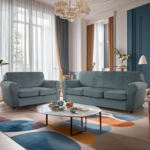 UNBBRRL Velvet Sofa Covers for 3 Cushion Couch, Non-Slip Couch Covers with Separate Cushion Covers, Stretch Sofa Slipcovers for Furniture Protector (Grey Blue,Sofa+3 Seats) in Saudi Arabia
