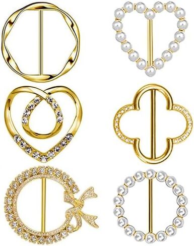 6PCS Silk Scarf Ring Clip T-shirt Tie Clips for Women Fashion Metal Ring Scarves Clasp Waist Buckle for Shirts Clothing Gold Zinc Alloy Pearl Wrap Holder with 1 Exquisite Box in Saudi Arabia