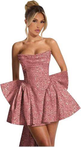 Strapless Homecoming Dresses for Teens Sequin Sparkly HOCO Dresses Pleated Cocktail Dress with Bow in Saudi Arabia