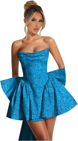 Strapless Homecoming Dresses for Teens Sequin Sparkly HOCO Dresses Pleated Cocktail Dress with Bow in Saudi Arabia