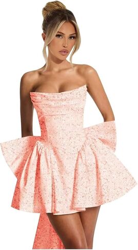 Strapless Homecoming Dresses for Teens Sequin Sparkly HOCO Dresses Pleated Cocktail Dress with Bow in Saudi Arabia