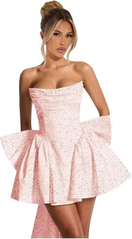 Strapless Homecoming Dresses for Teens Sequin Sparkly HOCO Dresses Pleated Cocktail Dress with Bow in Saudi Arabia