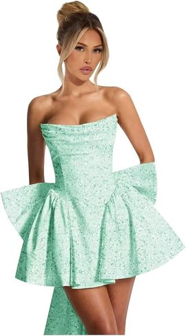 Strapless Homecoming Dresses for Teens Sequin Sparkly HOCO Dresses Pleated Cocktail Dress with Bow in Saudi Arabia