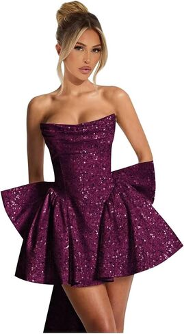 Strapless Homecoming Dresses for Teens Sequin Sparkly HOCO Dresses Pleated Cocktail Dress with Bow in Saudi Arabia