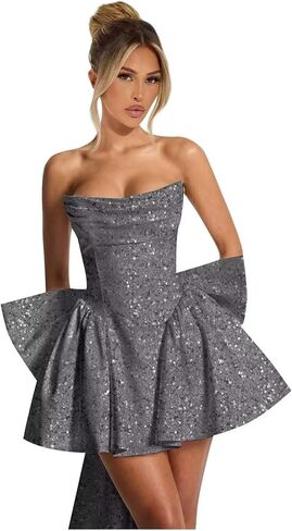 Strapless Homecoming Dresses for Teens Sequin Sparkly HOCO Dresses Pleated Cocktail Dress with Bow in Saudi Arabia