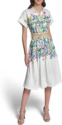 Karl Lagerfeld Women's Short Sleeve Collared Neck Placed Floral Belted Button Down Midi Dress in Kuwait