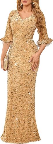 dasmzper Elegant Sequin Evening Gown for Women – Sparkly V Neck Formal Dress with Flare Sleeves for Wedding Party Prom in Saudi Arabia