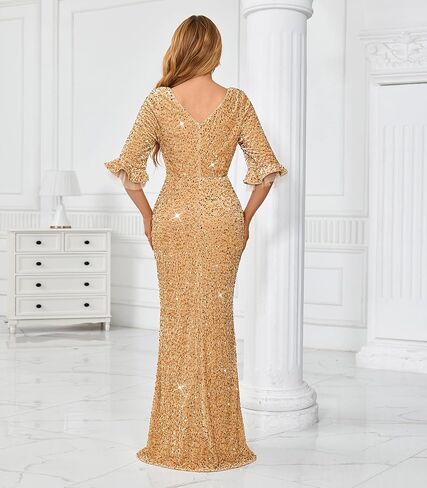 dasmzper Elegant Sequin Evening Gown for Women – Sparkly V Neck Formal Dress with Flare Sleeves for Wedding Party Prom in Saudi Arabia