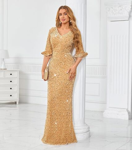 dasmzper Elegant Sequin Evening Gown for Women – Sparkly V Neck Formal Dress with Flare Sleeves for Wedding Party Prom in Saudi Arabia