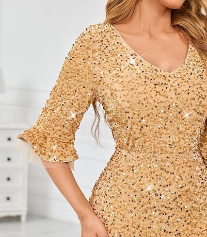 dasmzper Elegant Sequin Evening Gown for Women – Sparkly V Neck Formal Dress with Flare Sleeves for Wedding Party Prom in Saudi Arabia