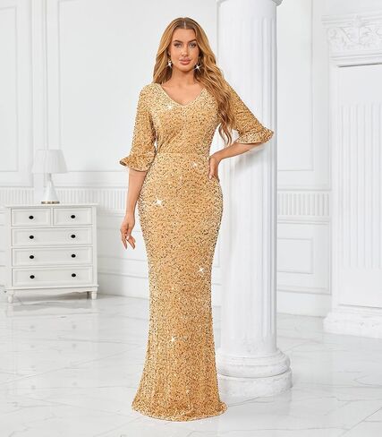 dasmzper Elegant Sequin Evening Gown for Women – Sparkly V Neck Formal Dress with Flare Sleeves for Wedding Party Prom in Saudi Arabia