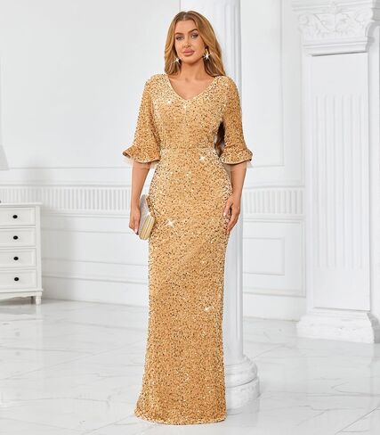 dasmzper Elegant Sequin Evening Gown for Women – Sparkly V Neck Formal Dress with Flare Sleeves for Wedding Party Prom in Saudi Arabia