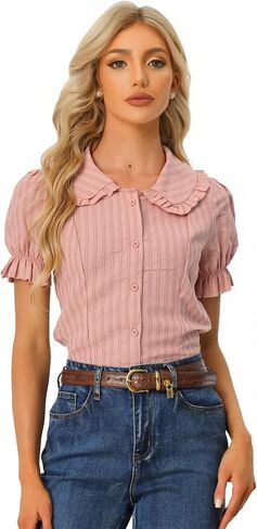 Women's Peter Pan Collar Shirt Short Sleeves 2025 Button Down Shirt Tops Work Blouse in Saudi Arabia