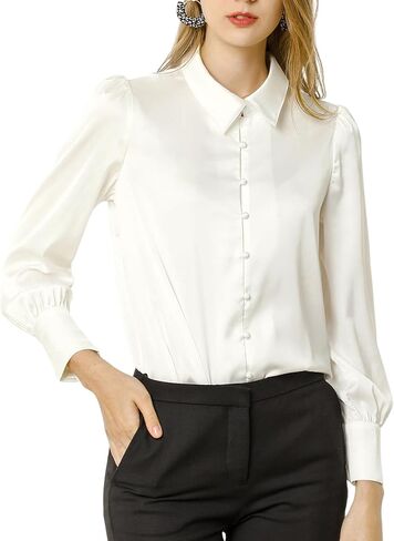 Allegra K Women's Satin Blouse Puff Long Sleeve Collared Button Down Shirt Dressy Office Work Tops Business Casual in Saudi Arabia