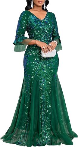 dasmzper Elegant Sequin Evening Gown for Women – Sparkly V Neck Formal Dress with Flare Sleeves for Wedding Party Prom in Saudi Arabia