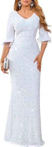 dasmzper Elegant Sequin Evening Gown for Women – Sparkly V Neck Formal Dress with Flare Sleeves for Wedding Party Prom in Saudi Arabia