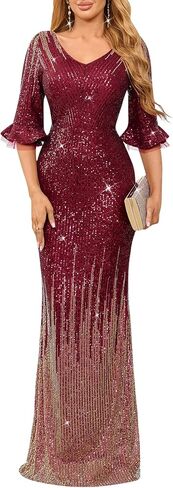 dasmzper Elegant Sequin Evening Gown for Women – Sparkly V Neck Formal Dress with Flare Sleeves for Wedding Party Prom in Saudi Arabia