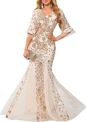 dasmzper Elegant Sequin Evening Gown for Women – Sparkly V Neck Formal Dress with Flare Sleeves for Wedding Party Prom in Saudi Arabia