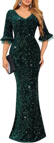dasmzper Elegant Sequin Evening Gown for Women – Sparkly V Neck Formal Dress with Flare Sleeves for Wedding Party Prom in Saudi Arabia