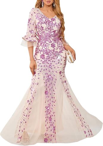 dasmzper Elegant Sequin Evening Gown for Women – Sparkly V Neck Formal Dress with Flare Sleeves for Wedding Party Prom in Saudi Arabia