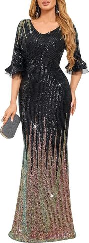 dasmzper Elegant Sequin Evening Gown for Women – Sparkly V Neck Formal Dress with Flare Sleeves for Wedding Party Prom in Saudi Arabia