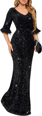 dasmzper Elegant Sequin Evening Gown for Women – Sparkly V Neck Formal Dress with Flare Sleeves for Wedding Party Prom in Saudi Arabia