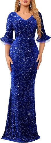 dasmzper Elegant Sequin Evening Gown for Women – Sparkly V Neck Formal Dress with Flare Sleeves for Wedding Party Prom in Saudi Arabia