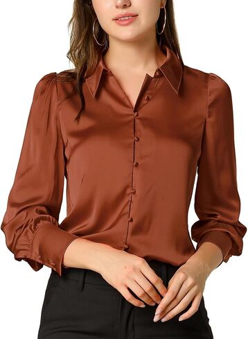 Allegra K Women's Satin Blouse Puff Long Sleeve Collared Button Down Shirt Dressy Office Work Tops Business Casual in Saudi Arabia