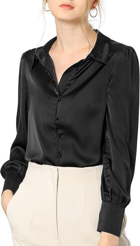 Allegra K Women's Satin Blouse Puff Long Sleeve Collared Button Down Shirt Dressy Office Work Tops Business Casual in Saudi Arabia