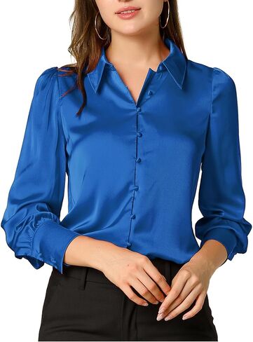 Allegra K Women's Satin Blouse Puff Long Sleeve Collared Button Down Shirt Dressy Office Work Tops Business Casual in Saudi Arabia