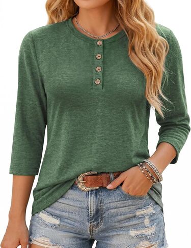 Women 3/4 Sleeve Tunic Tops Crew Neck Shirts Casual Button Ruched Side Summer Blouses 2026 in Saudi Arabia