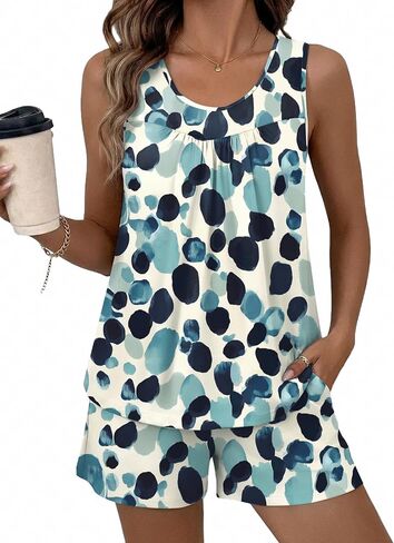 Ekouaer Womens Sleeveless Pajama Sets Summer Tank Tops Pjs 2 Piece Lounge Set Comfy Shorts Sleepwear with Pockets in Kuwait