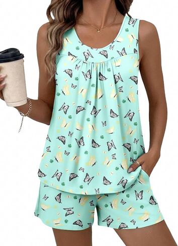 Ekouaer Womens Sleeveless Pajama Sets Summer Tank Tops Pjs 2 Piece Lounge Set Comfy Shorts Sleepwear with Pockets in Kuwait