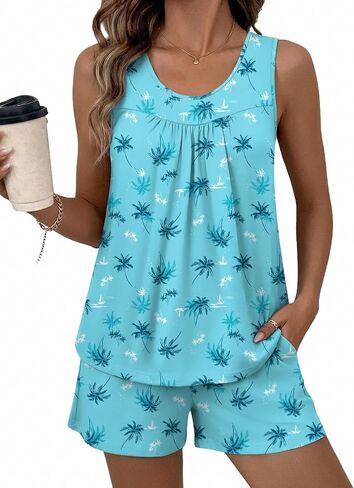 Ekouaer Womens Sleeveless Pajama Sets Summer Tank Tops Pjs 2 Piece Lounge Set Comfy Shorts Sleepwear with Pockets in Kuwait