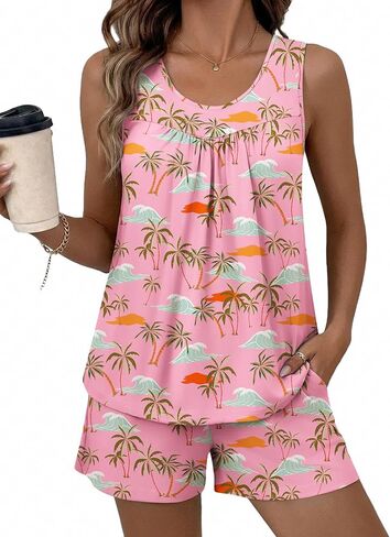 Ekouaer Womens Sleeveless Pajama Sets Summer Tank Tops Pjs 2 Piece Lounge Set Comfy Shorts Sleepwear with Pockets in Kuwait