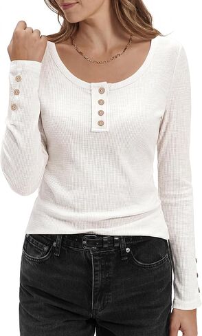تي شيرت نسائي من Stelle بأكمام طويلة من Henley تي شيرت بأزرار مضلعة وفضفاضة تناسب الملابس الأساسية ملابس الخريف in Kuwait