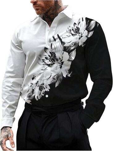 VIPWOLF Men's Floral Print Button Down Shirts Long Sleeve Colorblock Collared Shirt Tops in Saudi Arabia