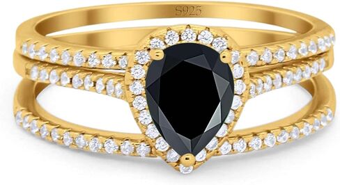 Three Piece Art Deco Pear Teardrop Natural Black Onyx Vintage Style Halo CZ Wedding Set Bridal Engagement Ring 925 Sterling Silver in Saudi Arabia