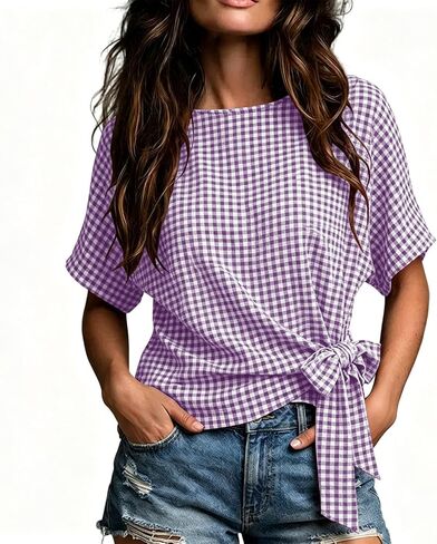 Womens Gingham Tops Short Sleeve Tie Waist Blouse Dressy Casual Loose Fit Tops 2026 Summer Outfits in Kuwait