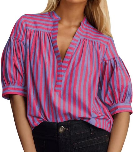 Women Summer Loose Fit Puff Short Sleeve Striped Blouse Top Business Dressy Casual Pleated V Neck Tunic T Shirt in Saudi Arabia
