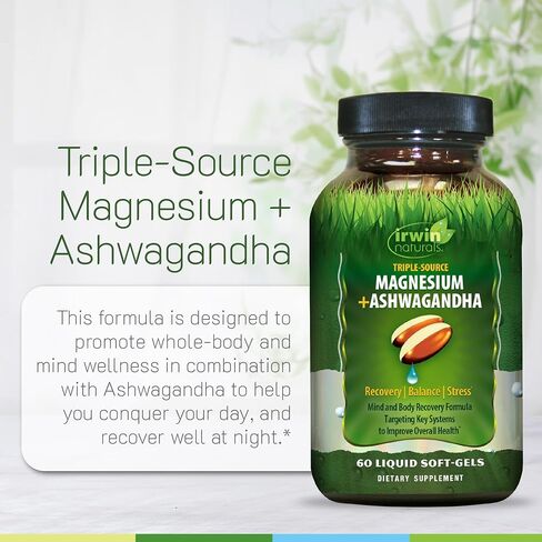 Irwin Naturals Triple Source Magnesium + Ashwagandha Bioavailable Support | Stress Management & Recovery | Triple-Source Magnesium | 60 Liquid Soft-Gels in Saudi Arabia