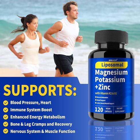 Potassium Magnesium Supplement, 1600mg Liposomal Magnesium Aspartate, Potassium Chloride, with Zinc, K2, B1 for Leg Cramps, Support Vascular, Bone, Heart Health, Non-GMO, Vegan, (120 Capsules, 1 Pack) in Saudi Arabia
